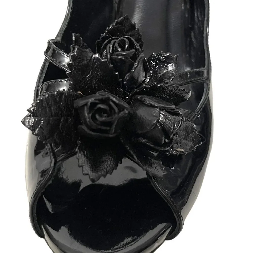 BOTTEGA VENETA Patent Leather Floral Cutout Wedge Heel Sandals 36.5